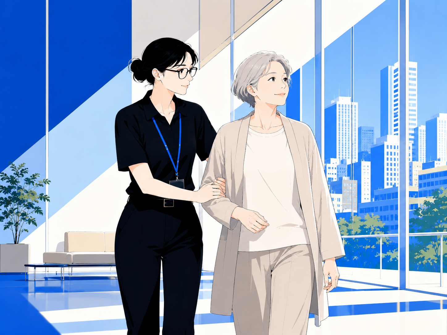 特別養護老人ホームで利用者と接する介護スタッフのイラスト