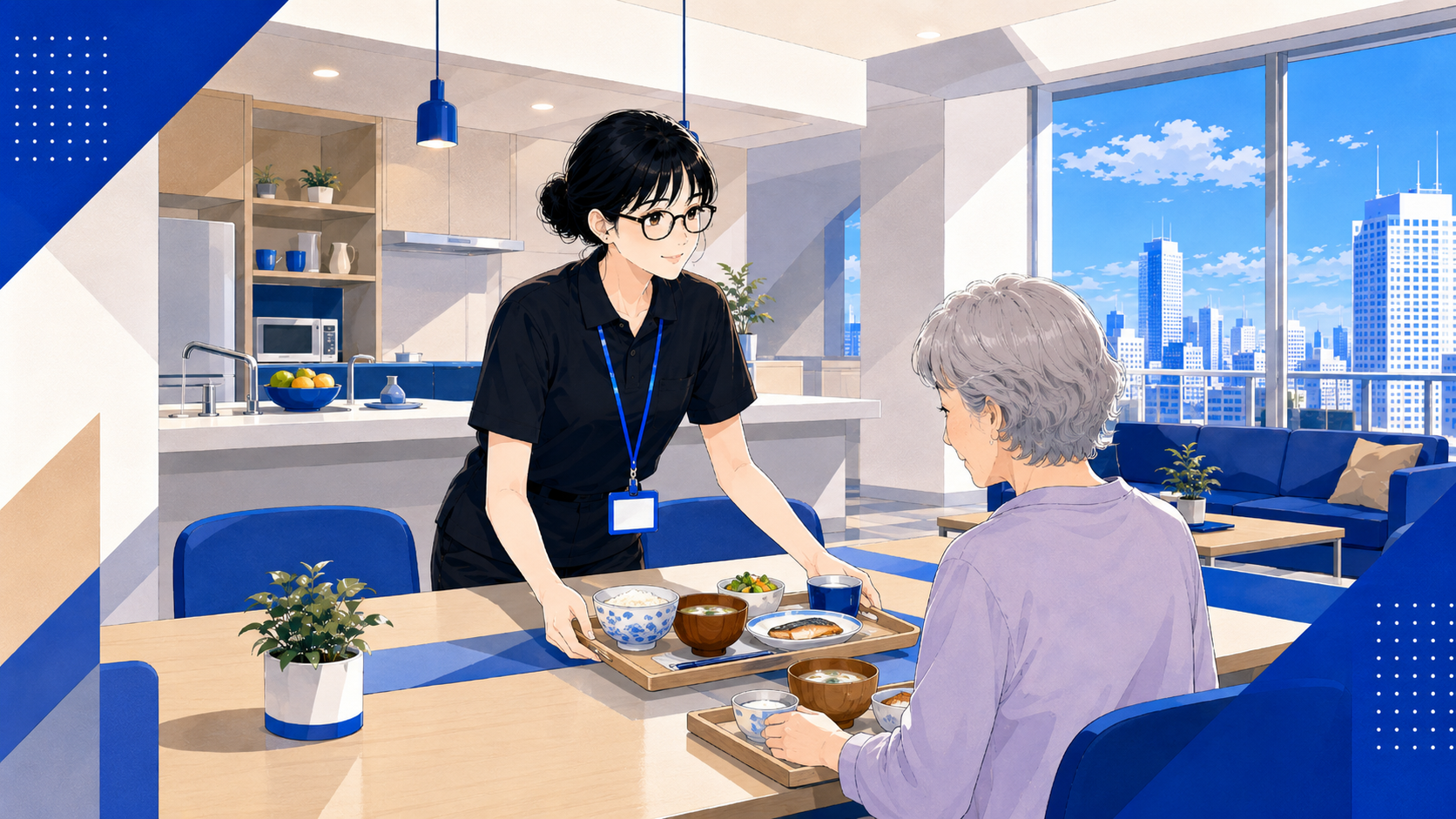 グループホームで食事を配膳する世話人スタッフのイラスト