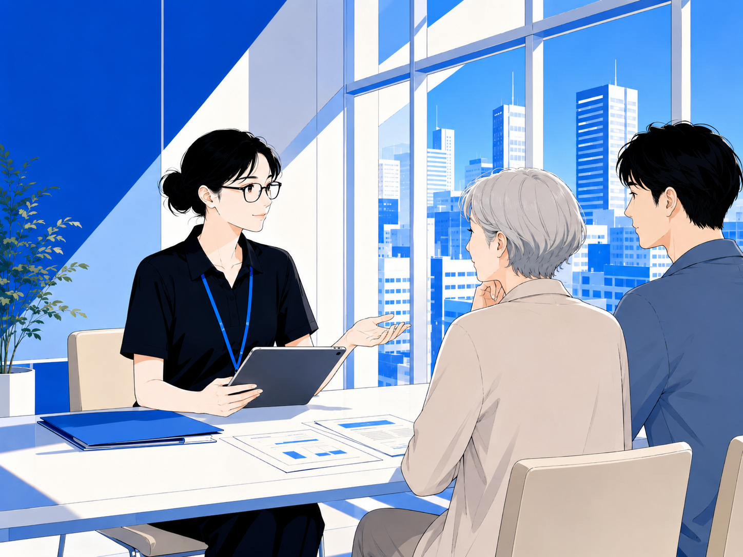 ケアプラン作成のために関係者と話し合うケアマネジャーのイラスト