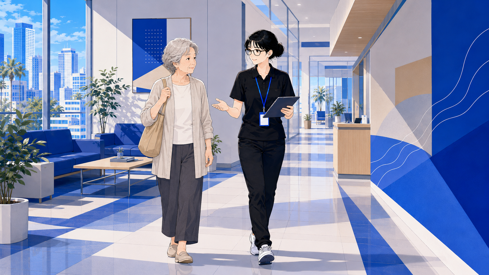 施設内を案内しながらご利用者様のご家族と会話する相談員のイラスト