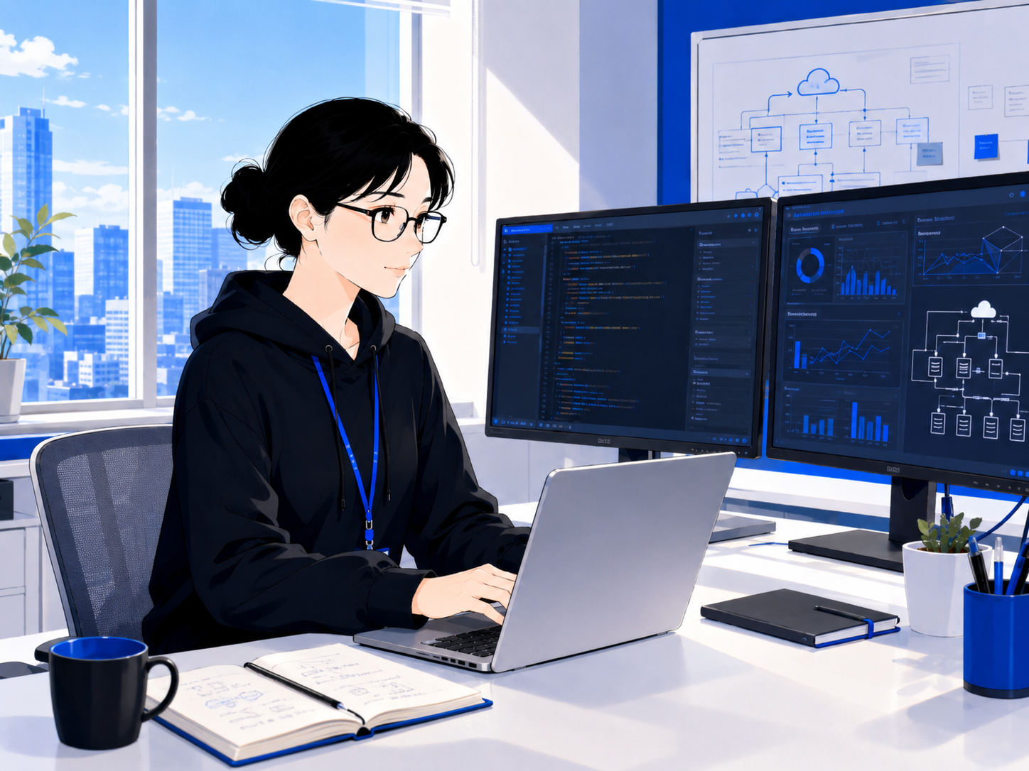現場の声を聞きながら社内システムを開発する IT エンジニアのイラスト