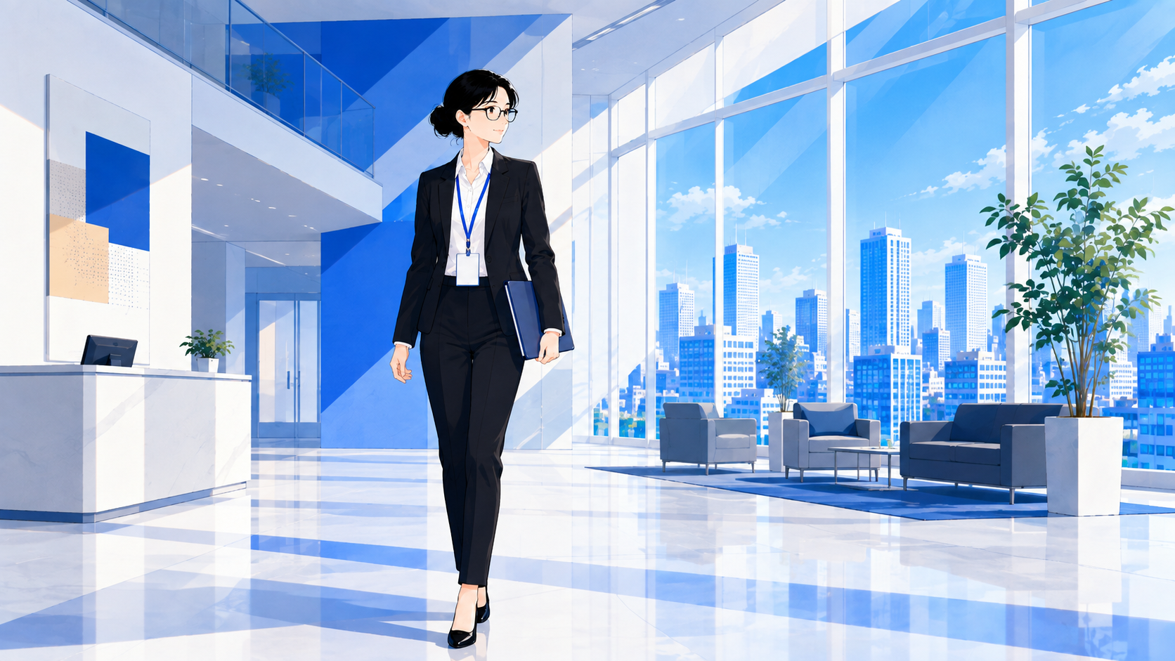 オフィスのロビーを歩く新卒・既卒総合職スタッフのイラスト