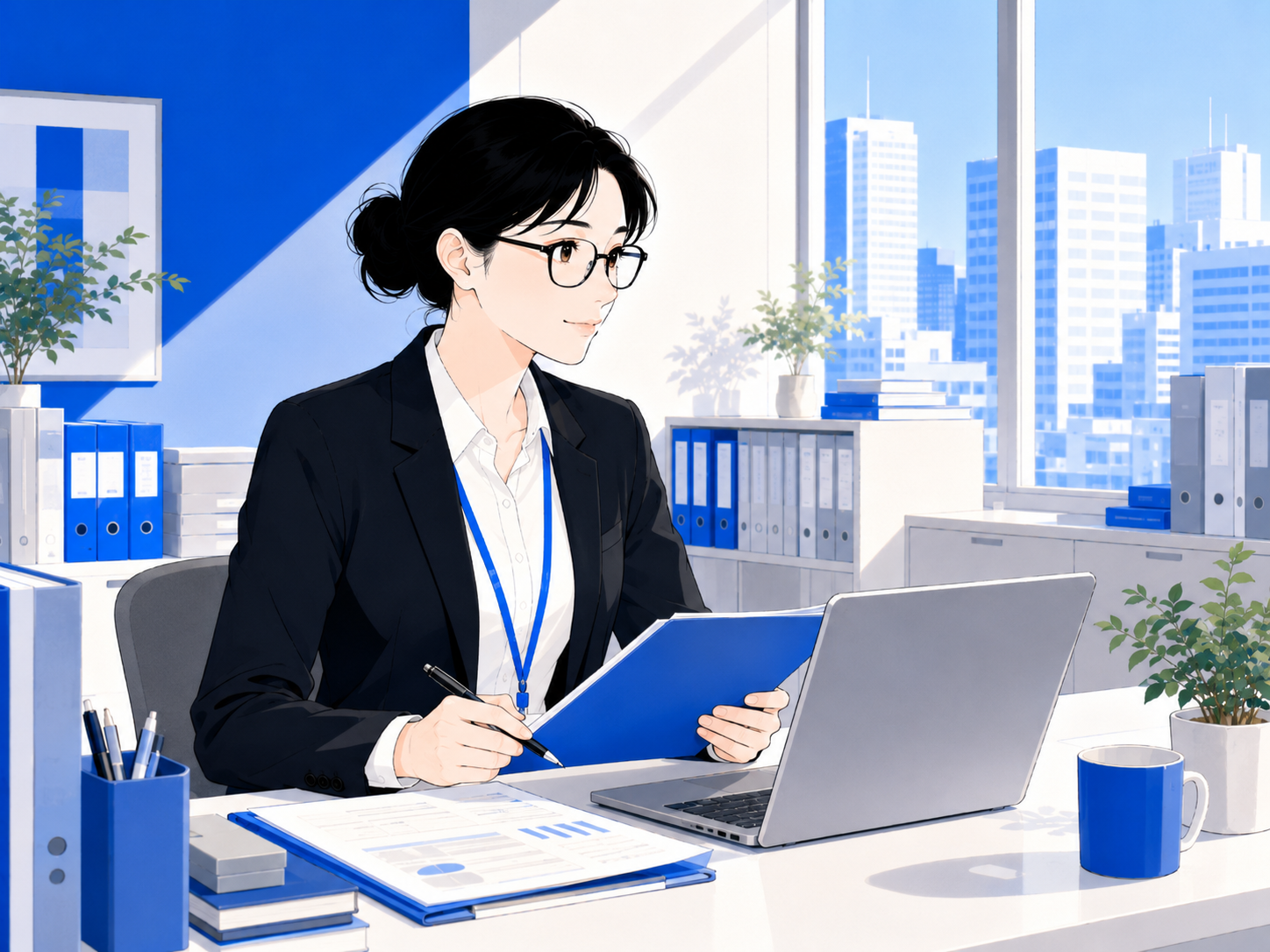 本部オフィスで業務を行う事務スタッフのイラスト