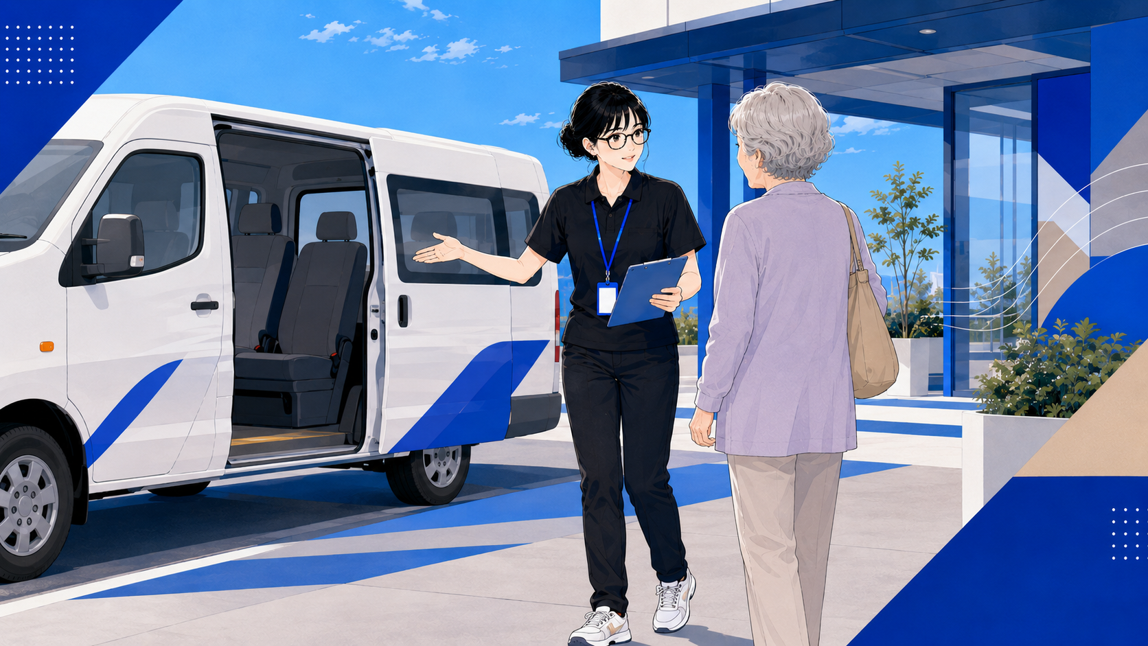送迎車にご利用者様をご案内するサポートスタッフのイラスト
